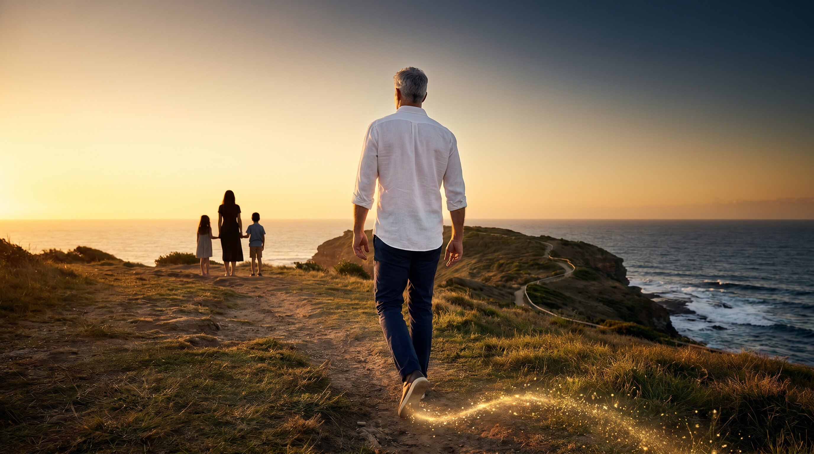 Mathew Punter walking at golden hour toward the silhouettes of his family, with a golden trail of light extending behind his right foot — the iconic legacy image