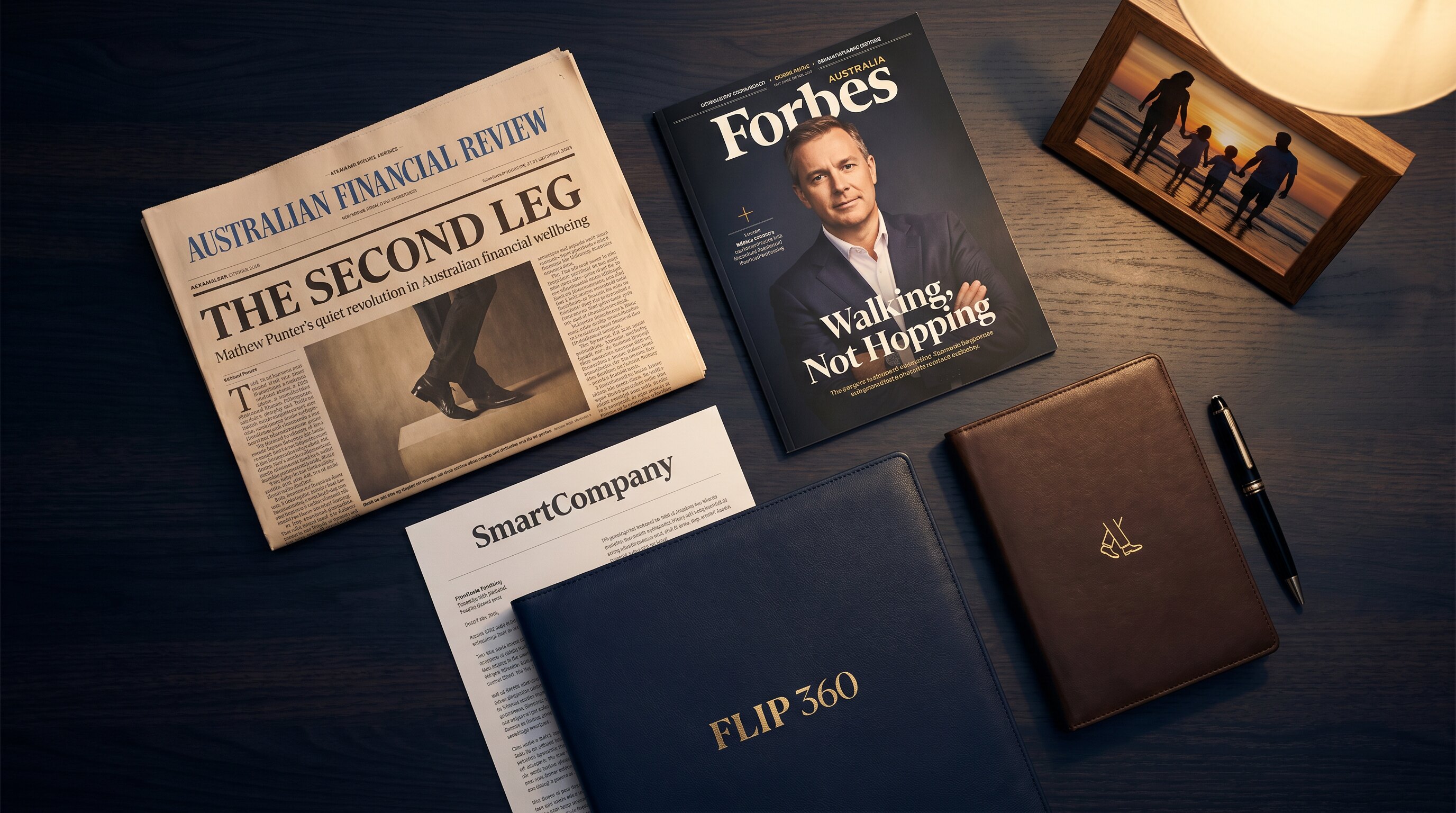 The Flip 360 press kit — AFR, Forbes Australia, SmartCompany and supporting materials laid out on a navy walnut desk